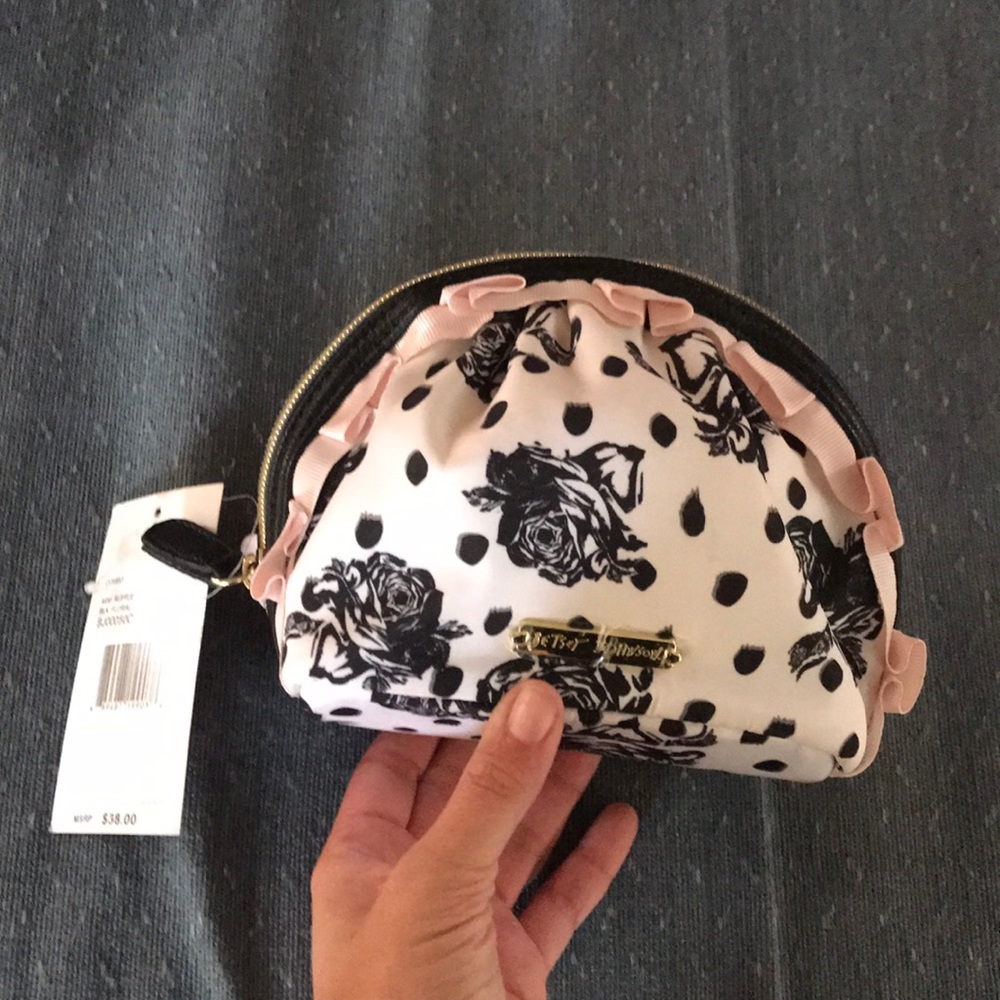 NWT Betsy Johnson ruffle polka dot rose print bag